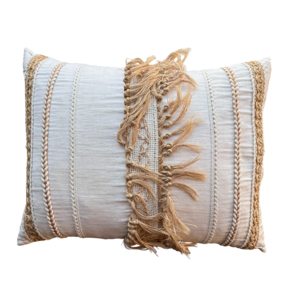 Boho Jute Fringe Woven Accent Pillow Down Feather Insert 12x20